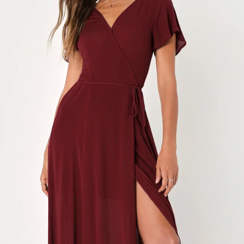 Lulus Heart of Marigold Women's Burgundy Slit Sleeves Wrap Maxi Dress Size S